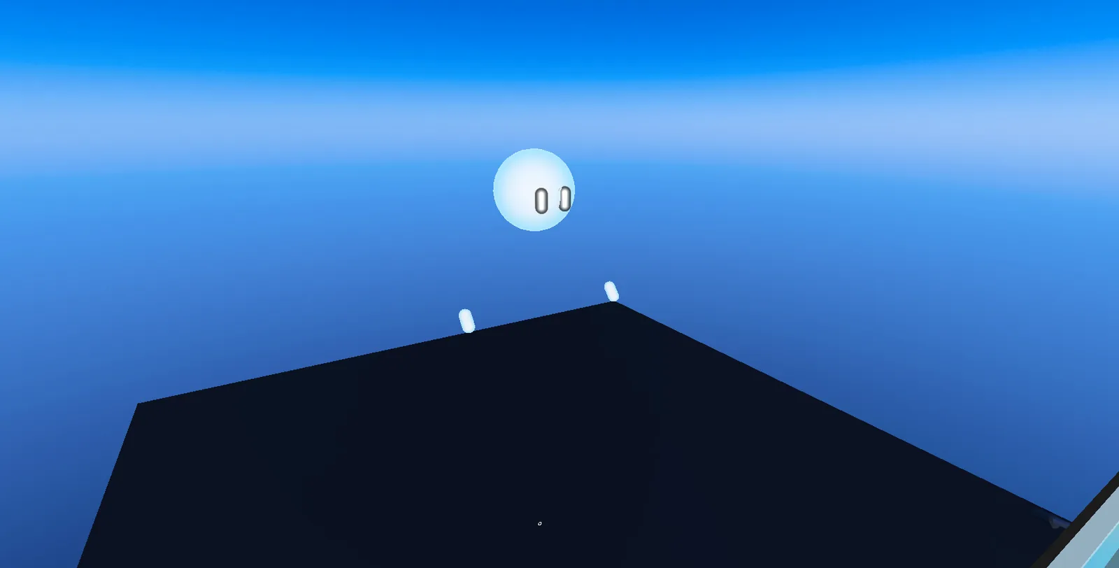 El personaje blanco flotando sobre la plataforma de dibujo, contra un cielo azul vacío.