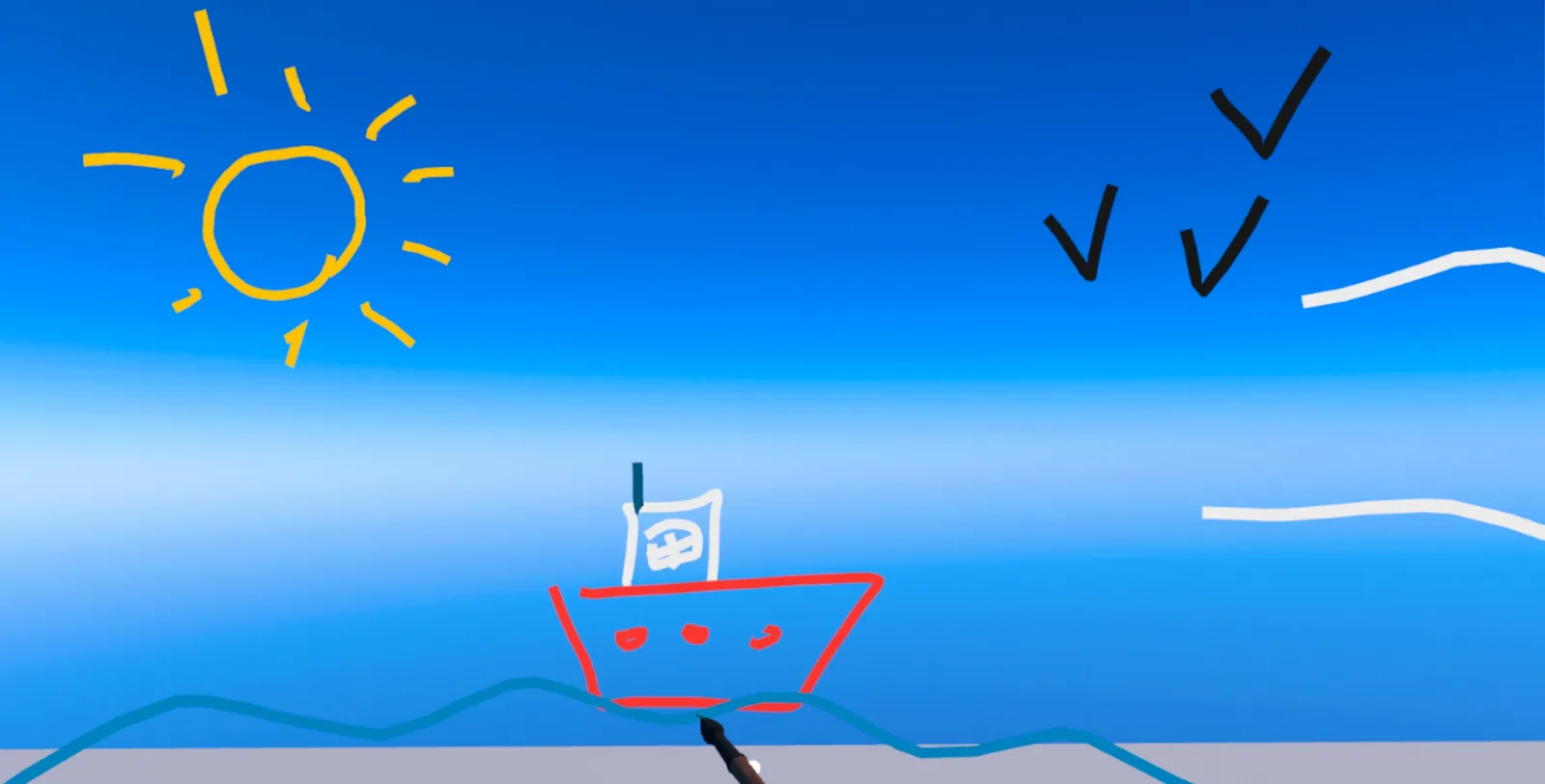 Un barco, un sol y dos pájaros dibujados en el aire sobre el mar, con el pincel todavía en el último trazo.