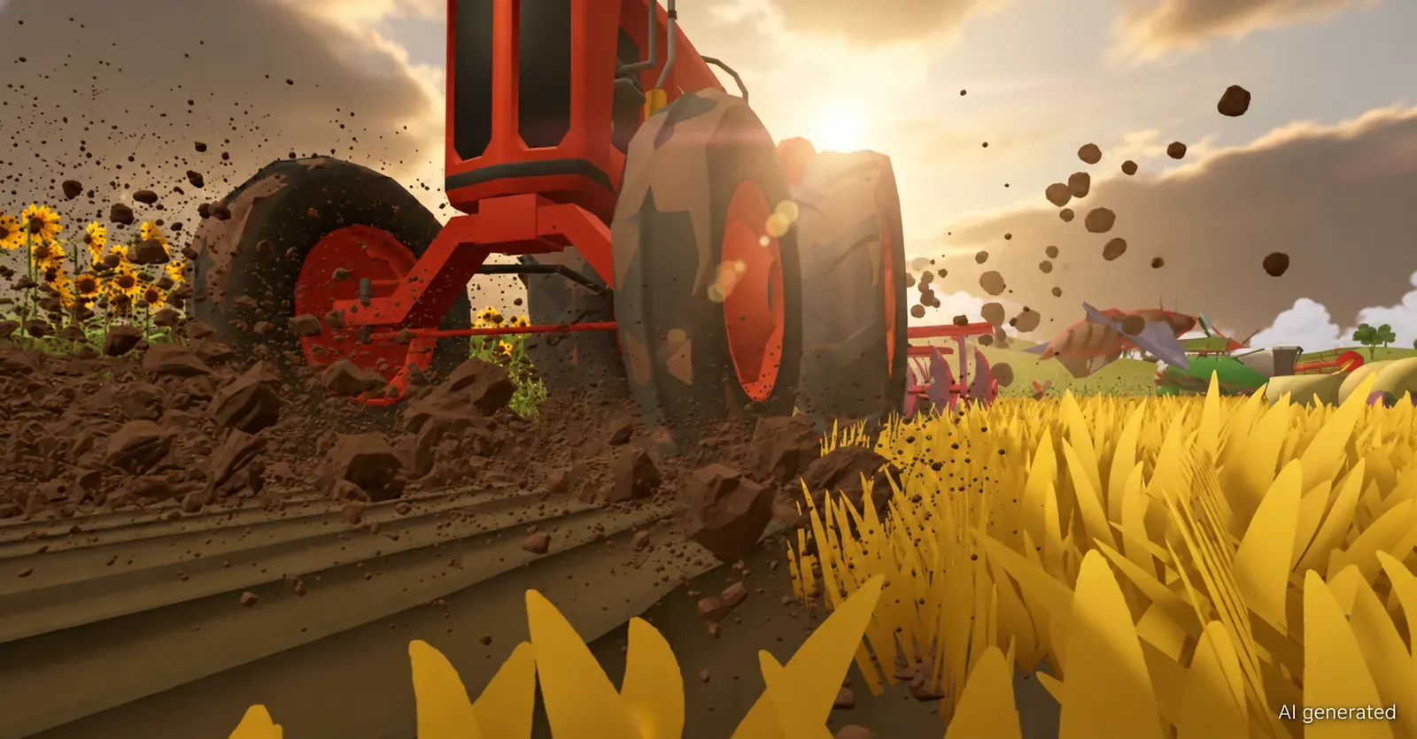 Un tractor removiendo la tierra en primer plano, con girasoles al borde del campo.