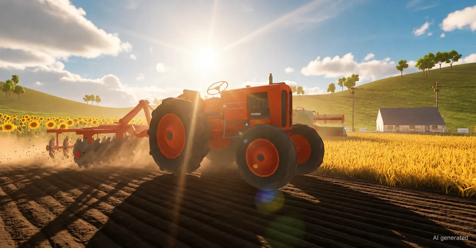 Un tractor tirando de una rastra de discos por un campo arado bajo un cielo brillante.