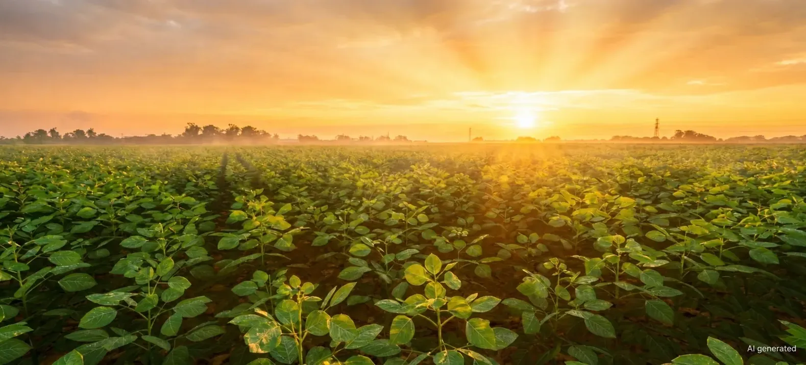 Un campo sembrado al amanecer, con las hileras que llegan al horizonte.