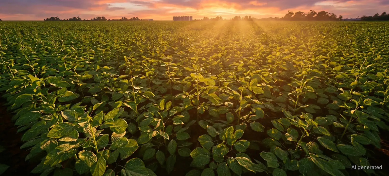 El cultivo al anochecer, con silos en el horizonte.