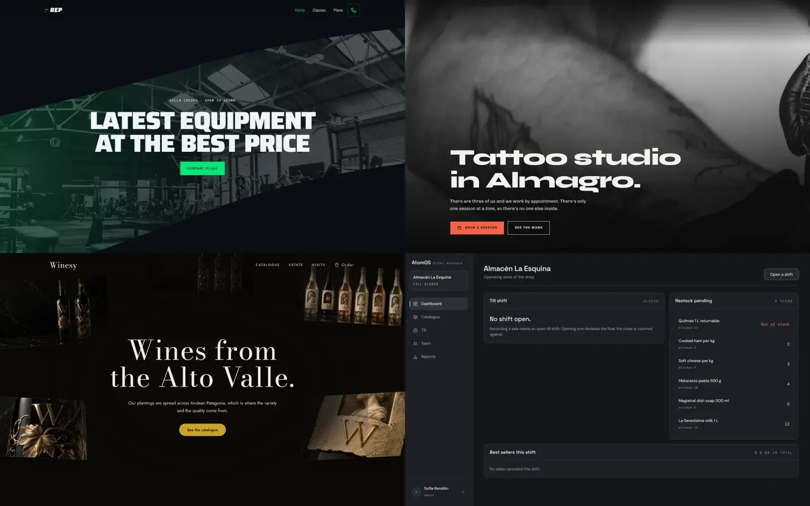Four of the demo sites in a grid of four: a gym, a tattoo studio, a winery and a shop counter app.