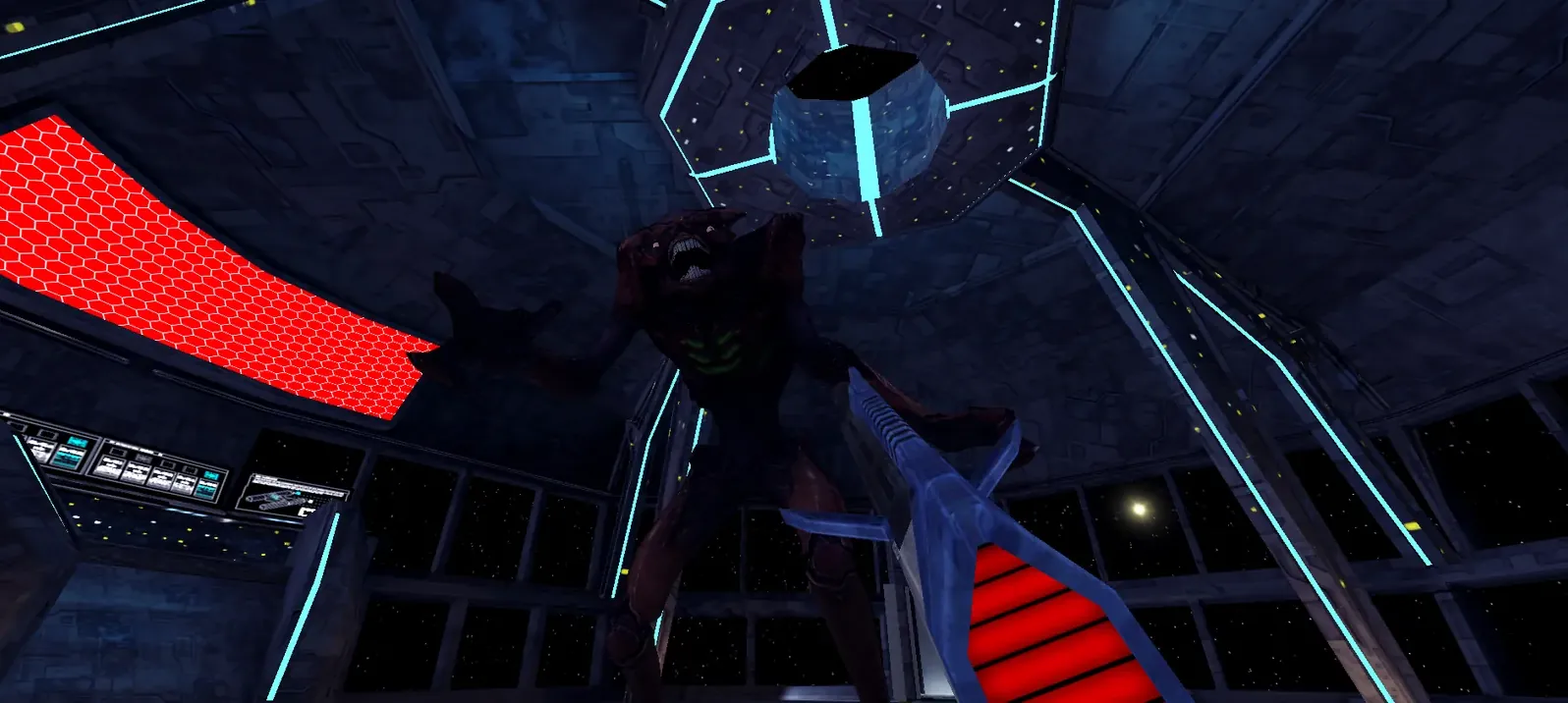 The boss in the control room, under the red hexagon in the ceiling, with the player's rifle raised.
