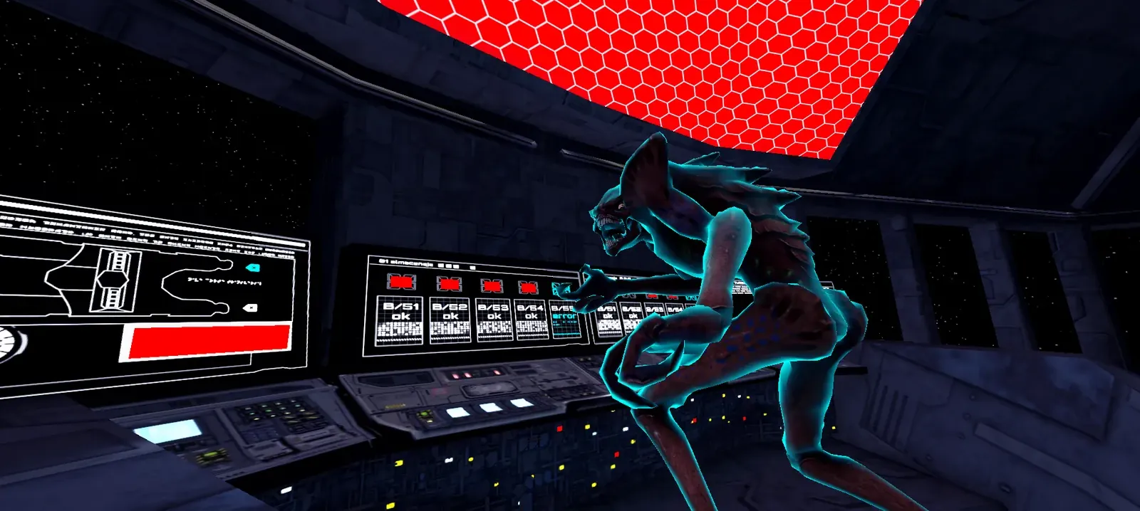 An enemy scrambling over the control room consoles, with the ship's readouts behind it.