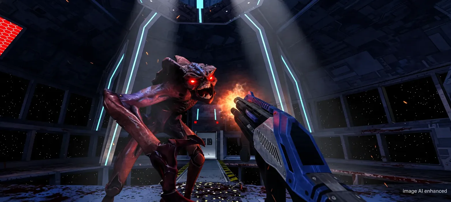 An enemy caught at point blank range by the player's blue rifle.