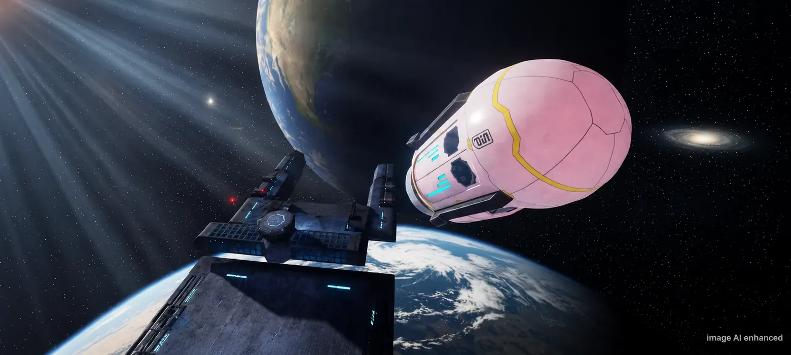 A capsule leaving the station, with the planet behind it.