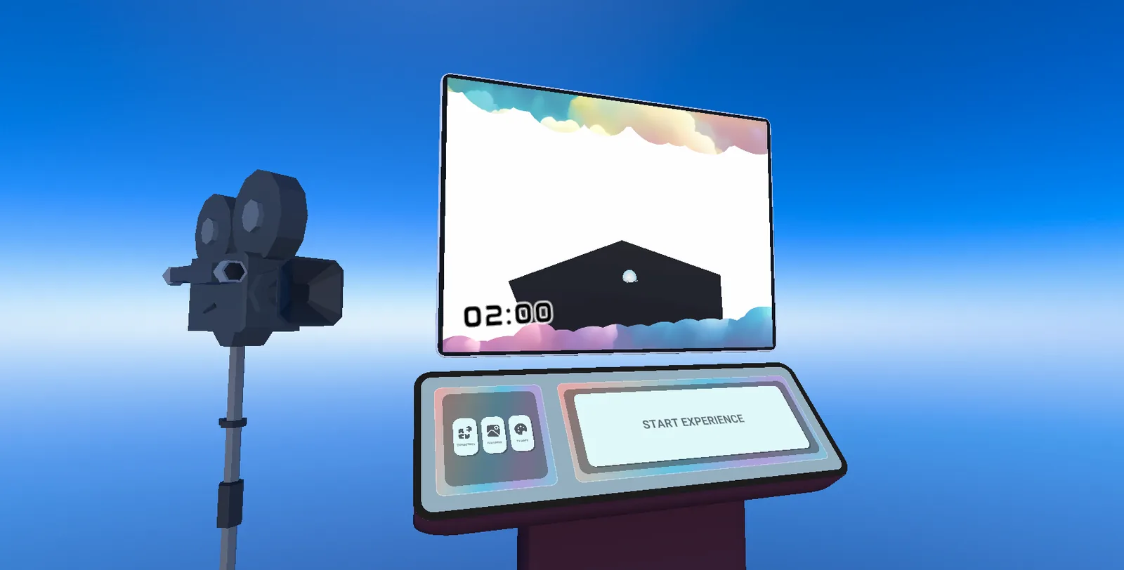 The stand: a camera on a tripod, a screen counting down from two minutes, and a lectern reading Start experience.