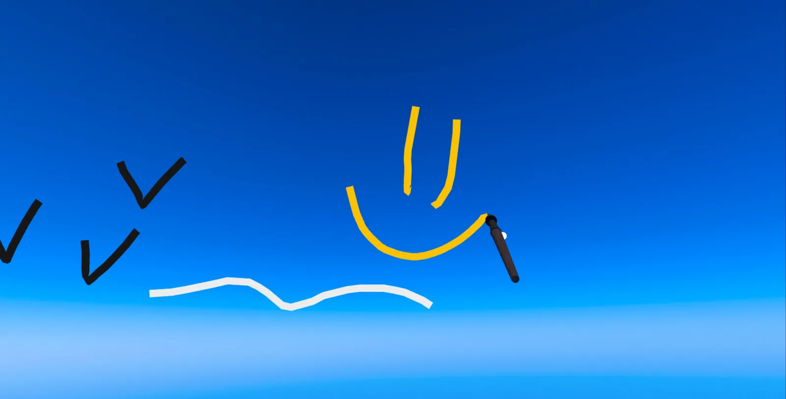 A face being drawn against the sky, the brush halfway through the smile.