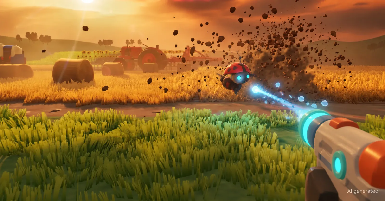 A cartoon ladybug dodging in front of a burst of earth, with a toy blaster in the corner of the frame firing a blue freezing bolt wide of it.