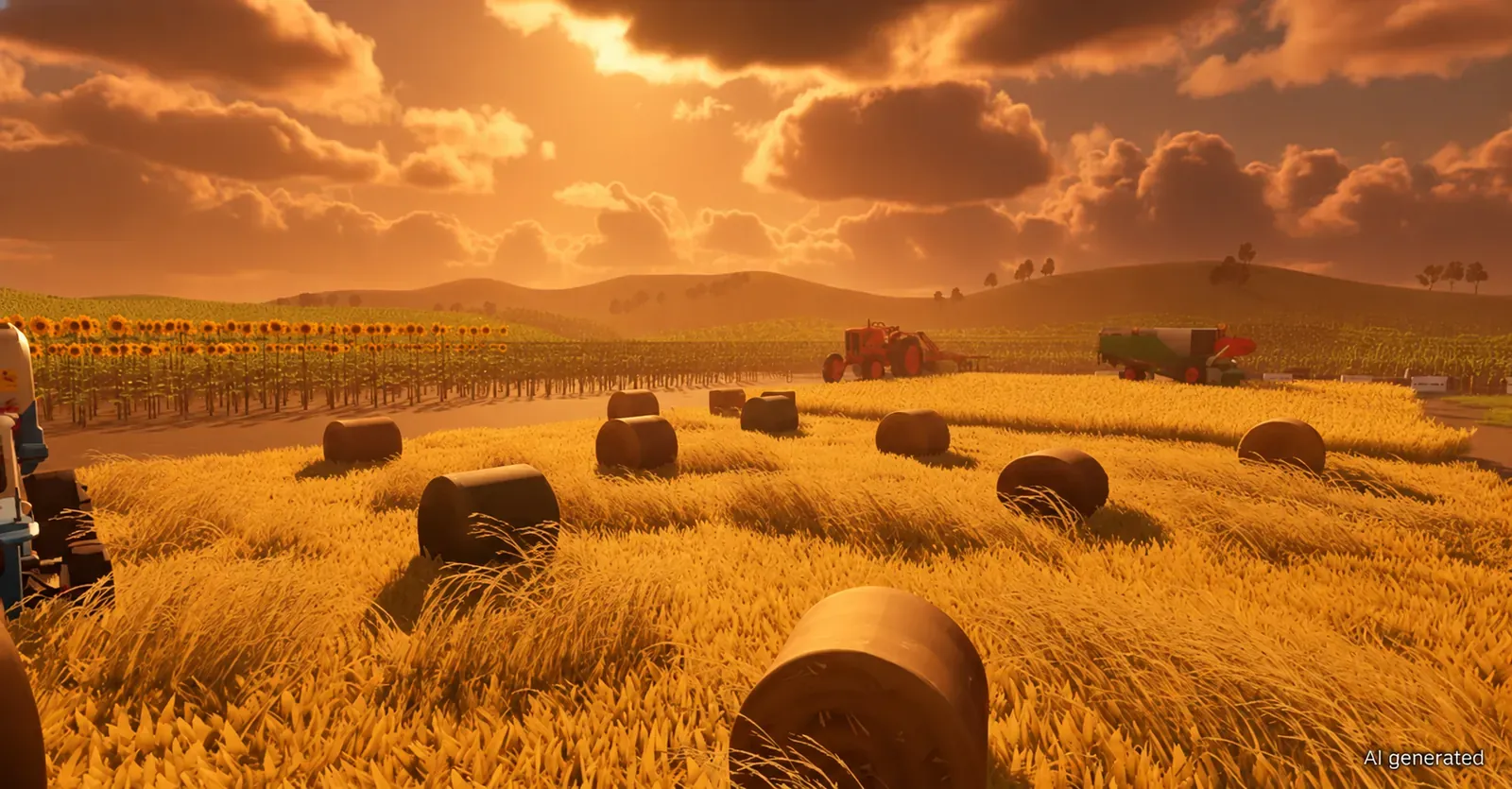 Round bales left across a wheat field at sunset, with machinery on the far side.